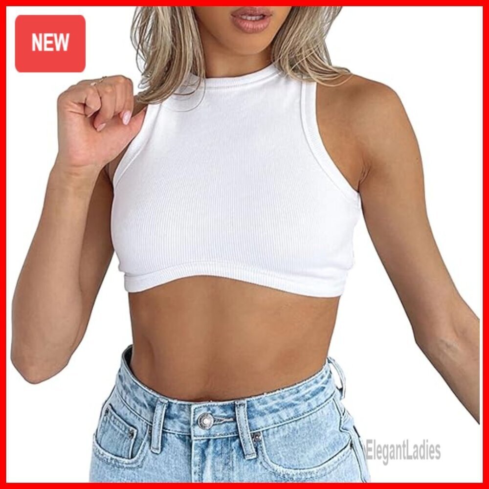 Ribbed Knit Crop Tank Top Sleeveless Crewneck Stretchy Summer Top